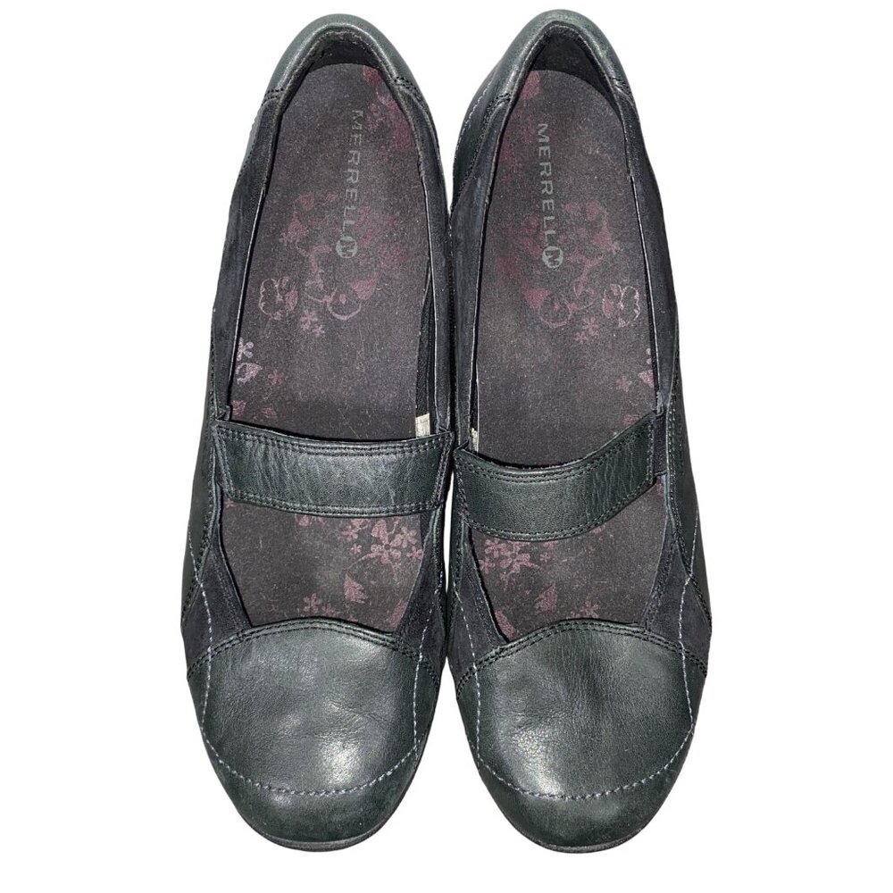 Merrell Womens Mary Jane Wedge Shoes Size 9.5 Black Leather vibram outdoor